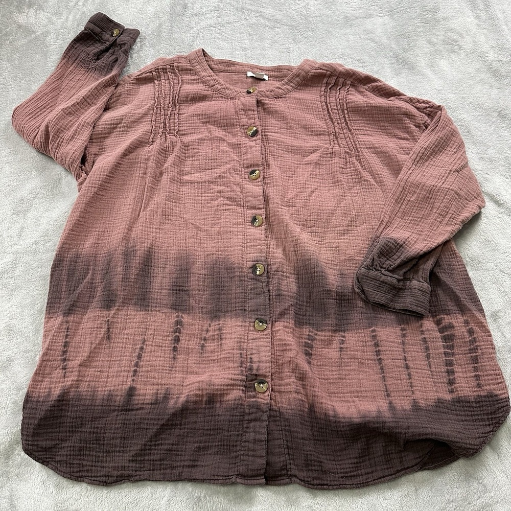 Pure Jill J Jill Gauze Tunic Size XL 100% Cotton Rose Tie Dye Button Up Shirt